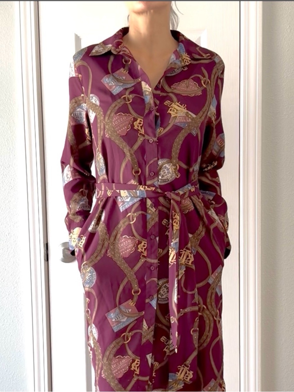 Lauren Ralph Lauren Plum and Gold Printed Button-Up Blouse